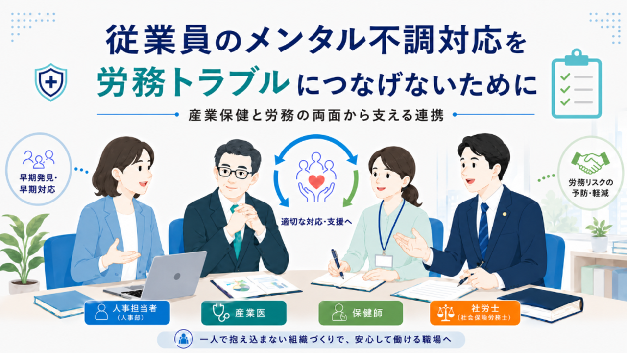 産業医・社労士・保健師が連携して従業員のメンタル不調対応にあたることを示すイメージ図