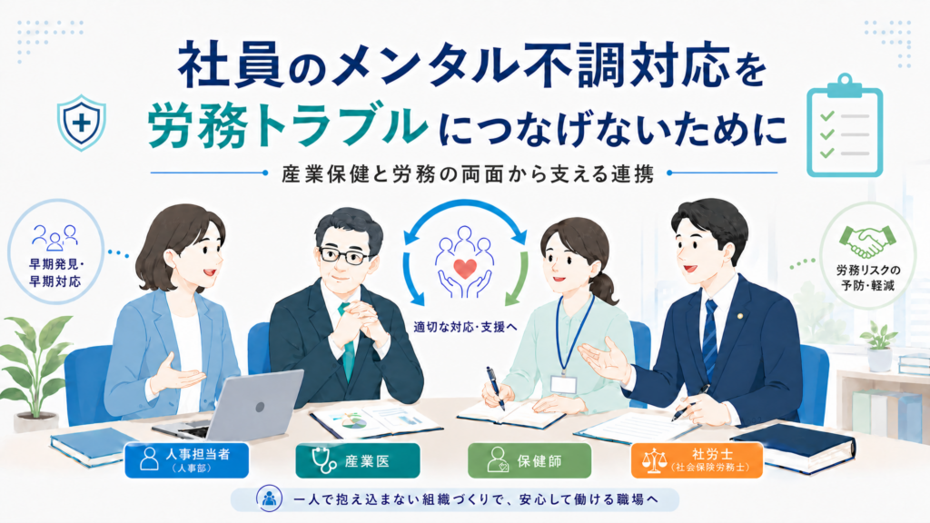産業医・社労士・保健師が連携して社員のメンタル不調対応にあたることを示すイメージ図